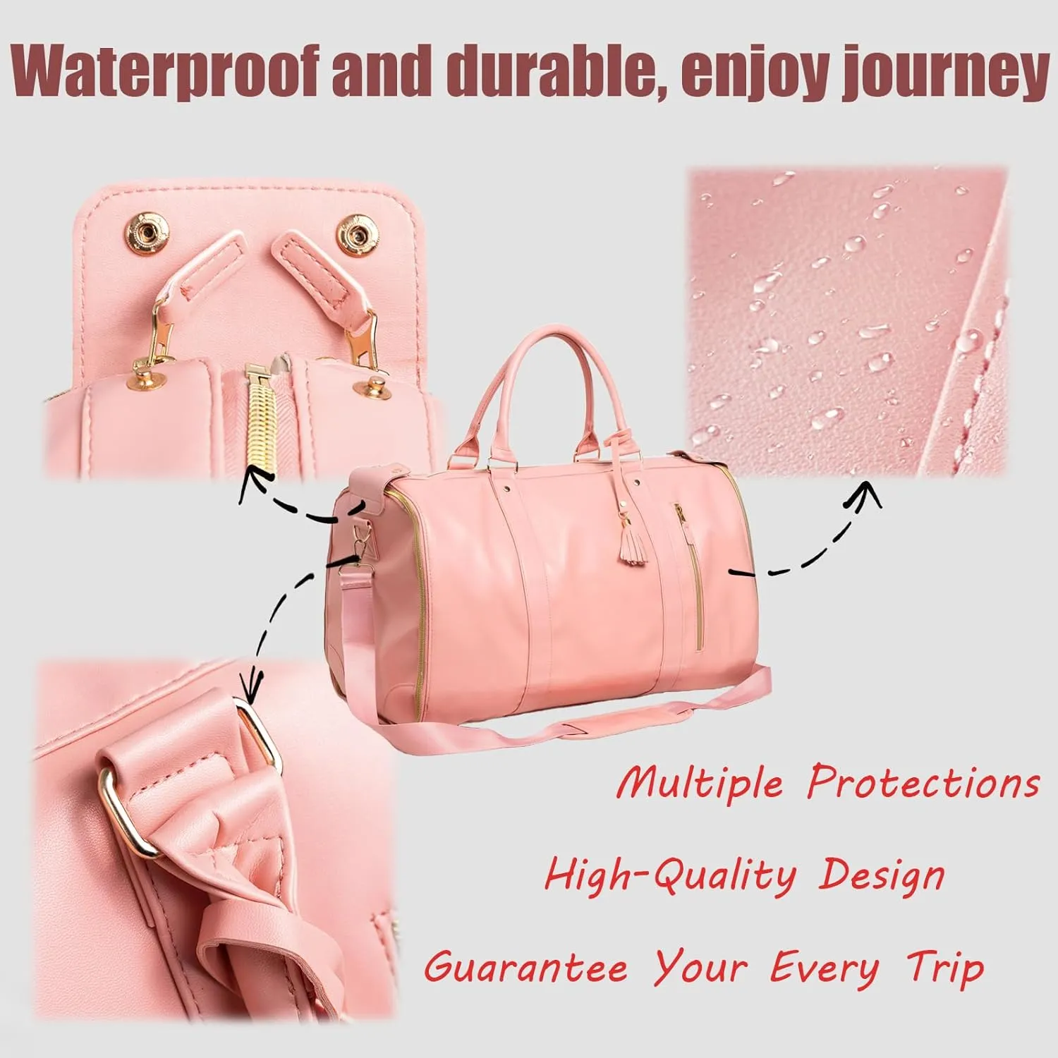 Waterproof Luxe Mega Bag Travel Carry On, PU Leather Luxe Travel Bags for Women, Convertible Garment Bags for Travel for Women (Pink)