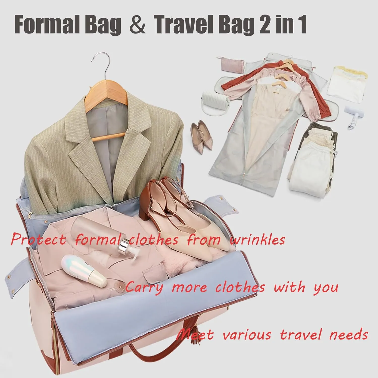 Waterproof Luxe Mega Bag Travel Carry On, PU Leather Luxe Travel Bags for Women, Convertible Garment Bags for Travel for Women (Pink)