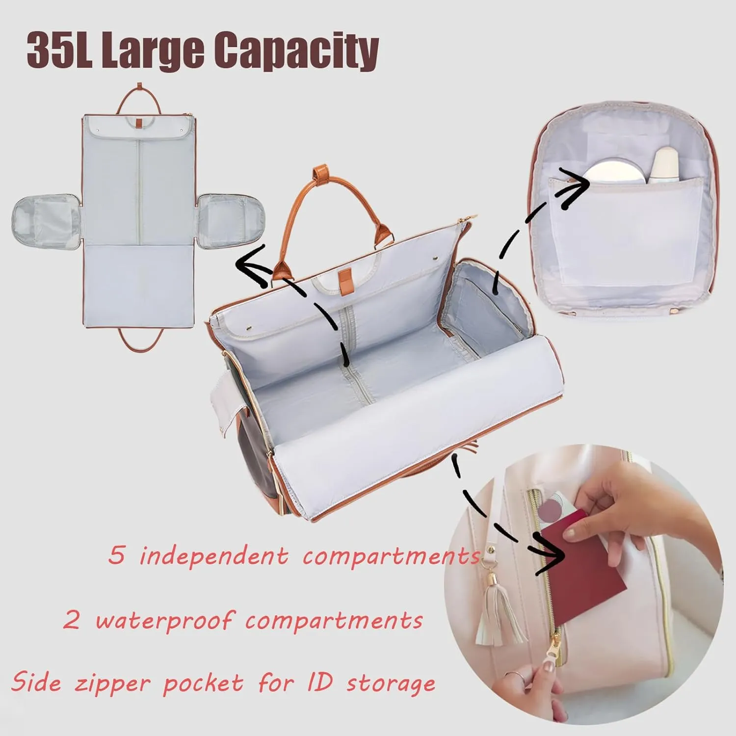 Waterproof Luxe Mega Bag Travel Carry On, PU Leather Luxe Travel Bags for Women, Convertible Garment Bags for Travel for Women (Pink)