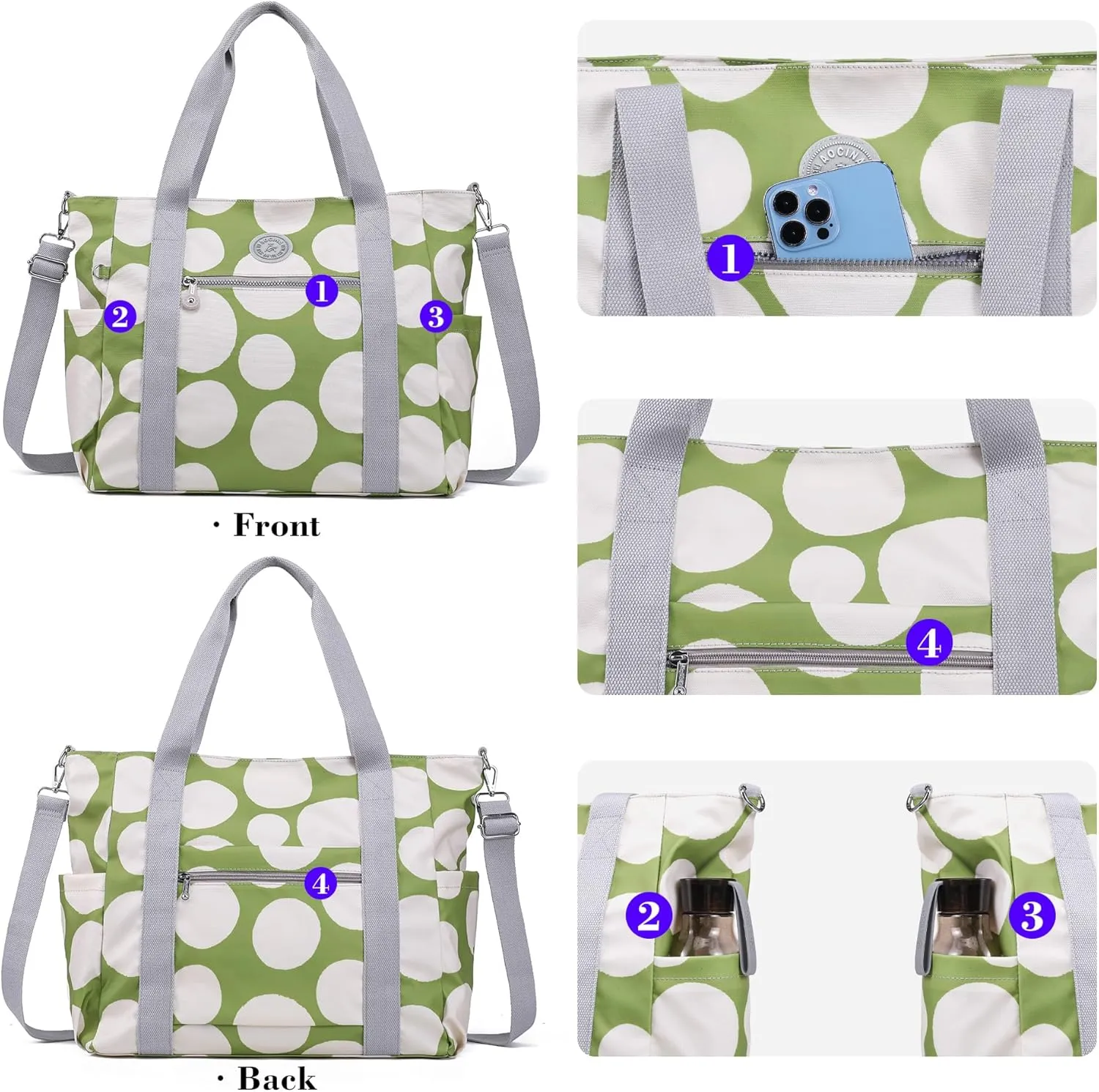 Waterproof Travel Duffle Bag for Women Weekender Overnight Carry On Crossbody Tote Bag Shoulder Bags with Laptop Compartment(Green with Beige Polka Dots)