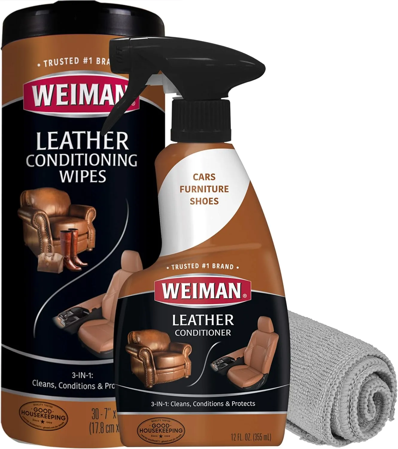 Weiman Leather Cleaner & Conditioner Care Kit | Restores Leather Surfaces | Ultra Violet Protectants Help Prevent Cracking or Fading of Leather Furniture, Car Seats, Shoes
