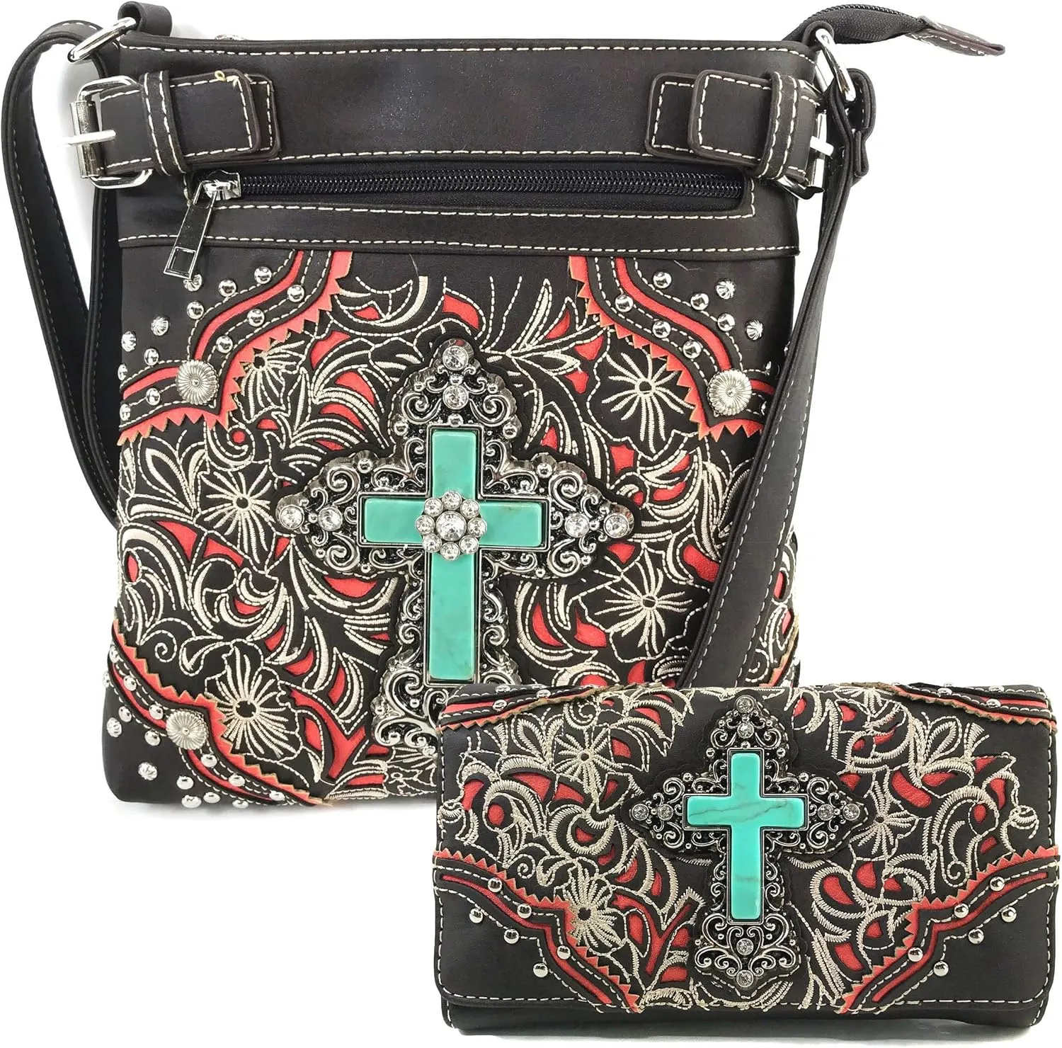 Western Autumn Floral Turquoise Cross Crossbody Messenger Bag and wallet set