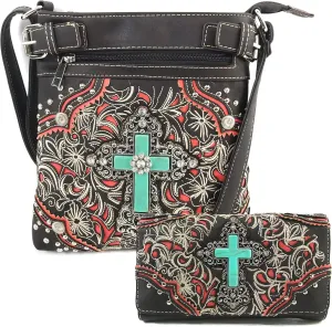 Western Autumn Floral Turquoise Cross Crossbody Messenger Bag and wallet set