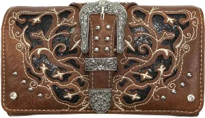 Western Gleaming Buckle Floral Cowgirl Women Crossbody Wrist Trifold Wallet (Brown)