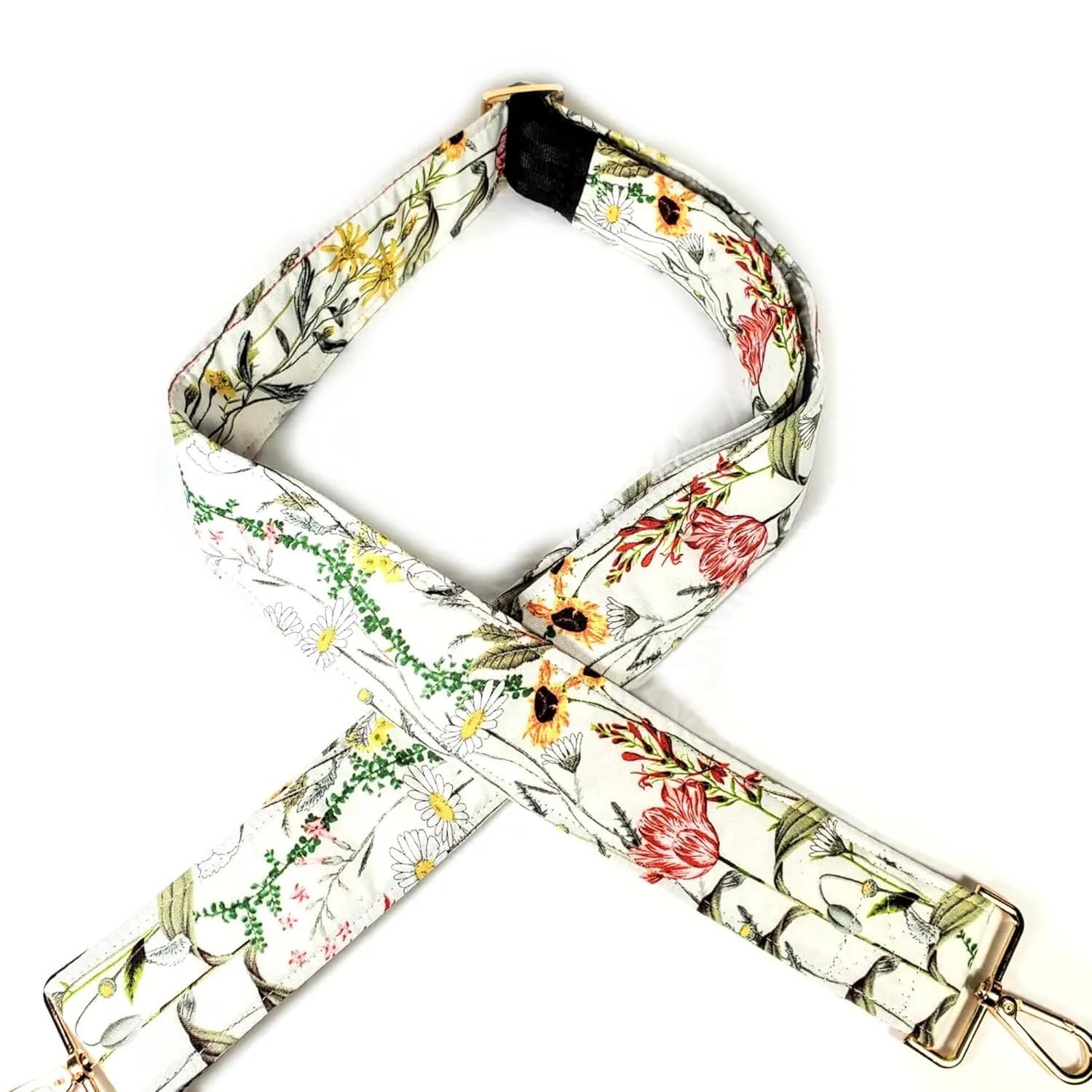Wildflower Guitar Style Bag Strap -Colorful Wildflower Cross Body Style Bag Strap - Custom Hardware Color- Adjustable -Double Padded-Durable (1.5" Width, Gold)
