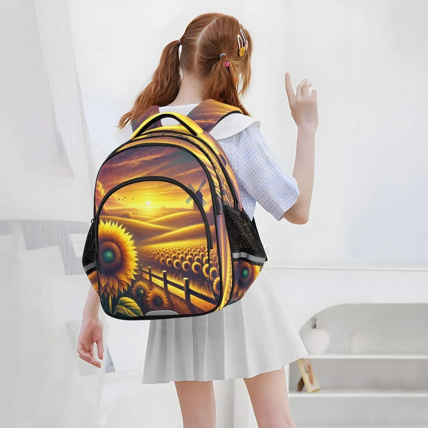 Windmill Sunflower Kids Backpack for School Boys Girls Bookbag Toddler Backpacks Elementary Middle Primary School for Children Teens Travel M