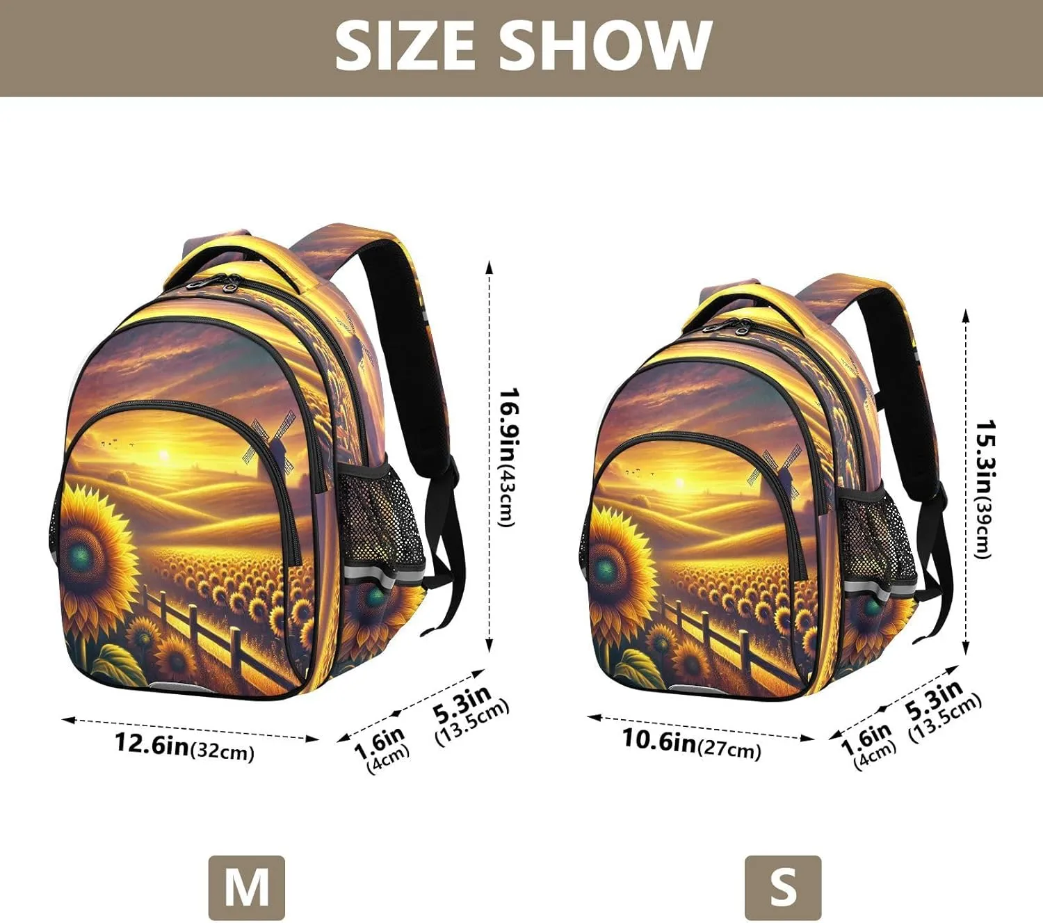 Windmill Sunflower Kids Backpack for School Boys Girls Bookbag Toddler Backpacks Elementary Middle Primary School for Children Teens Travel M