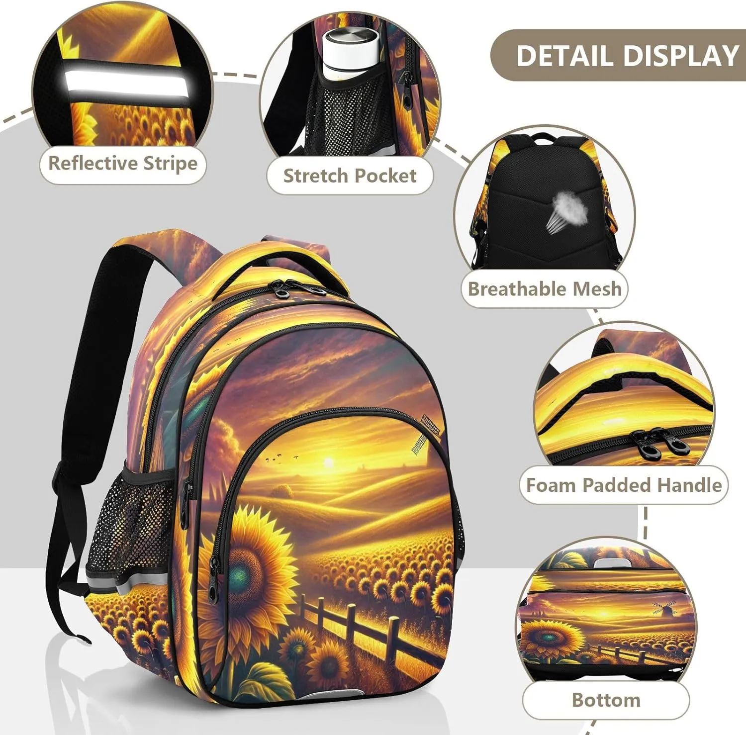 Windmill Sunflower Kids Backpack for School Boys Girls Bookbag Toddler Backpacks Elementary Middle Primary School for Children Teens Travel M