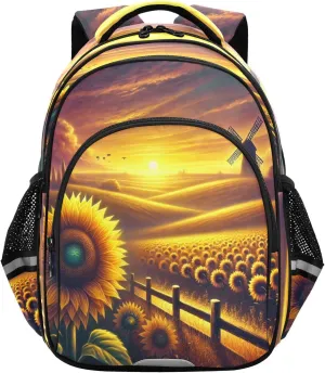 Windmill Sunflower Kids Backpack for School Boys Girls Bookbag Toddler Backpacks Elementary Middle Primary School for Children Teens Travel M