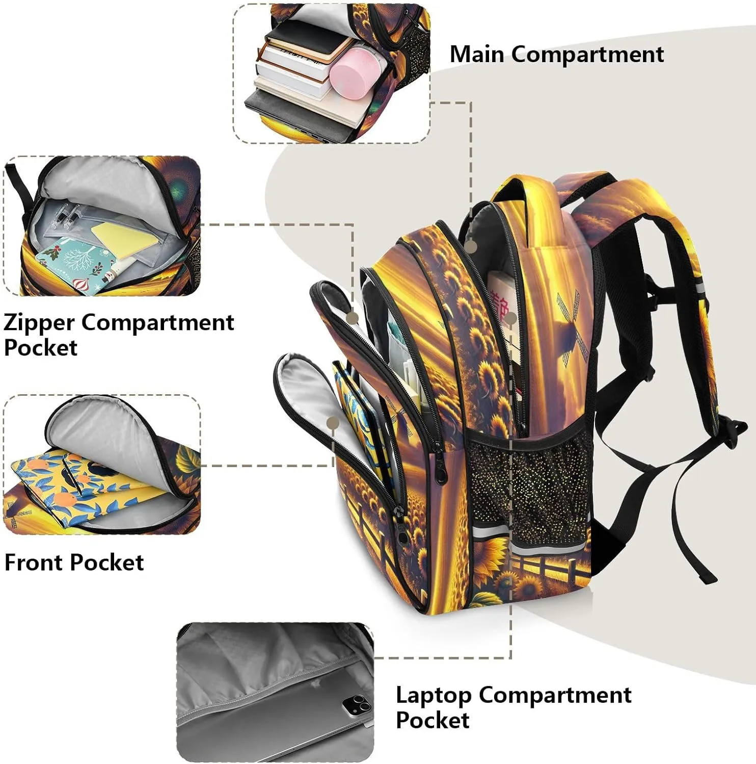 Windmill Sunflower Kids Backpack for School Boys Girls Bookbag Toddler Backpacks Elementary Middle Primary School for Children Teens Travel M