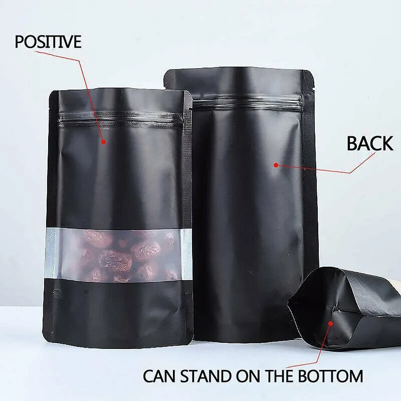 Window Stand UP Pouches 25PCS Matt Black 3Sizes Mylar Foil