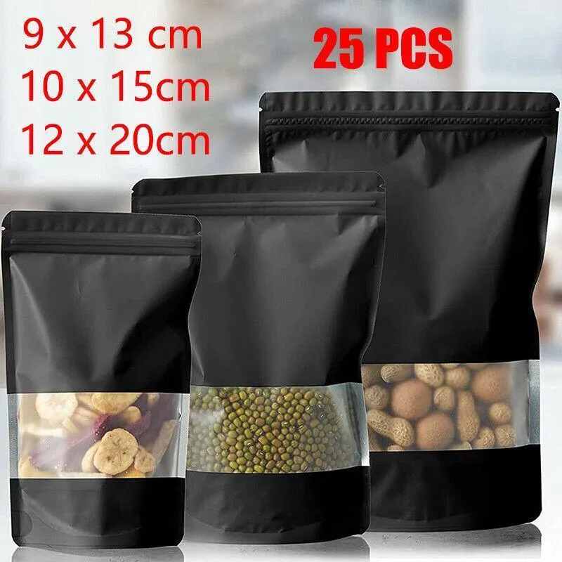 Window Stand UP Pouches 25PCS Matt Black 3Sizes Mylar Foil