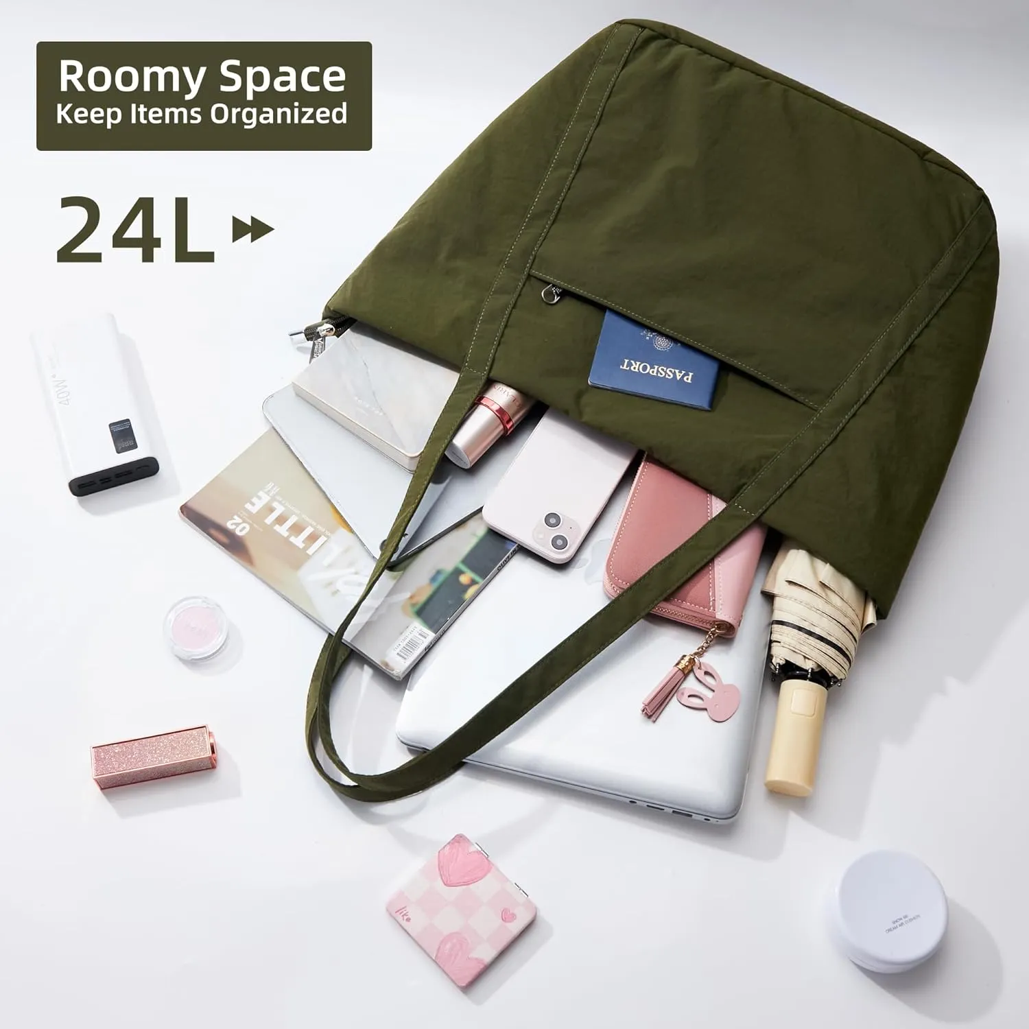 WLLWOO Large Gym Tote Bag for Women Sport Yoga, 24L Travel Beach Bag Lightweight Zipper Shoulder Handbag for Daily Work