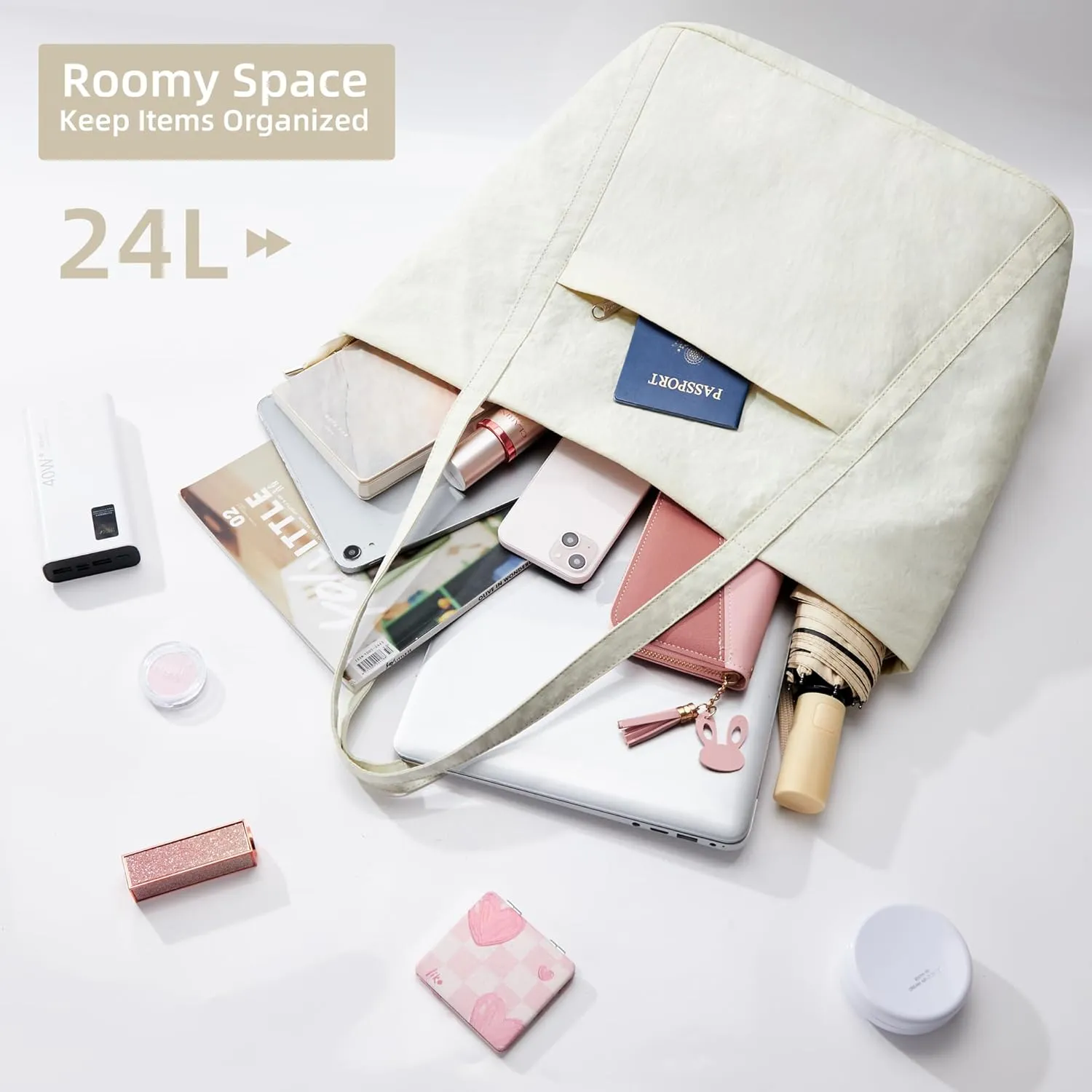 WLLWOO Large Gym Tote Bag for Women Sport Yoga, 24L Travel Beach Bag Lightweight Zipper Shoulder Handbag for Daily Work