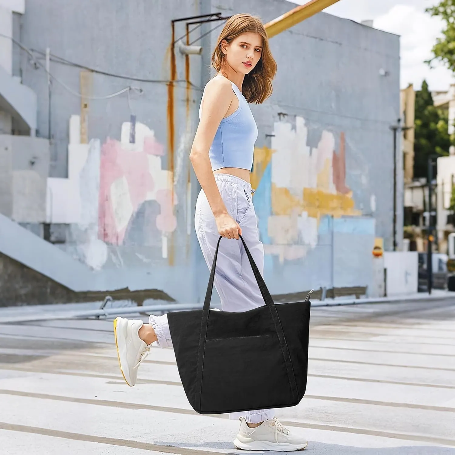WLLWOO Large Gym Tote Bag for Women Sport Yoga, 24L Travel Beach Bag Lightweight Zipper Shoulder Handbag for Daily Work