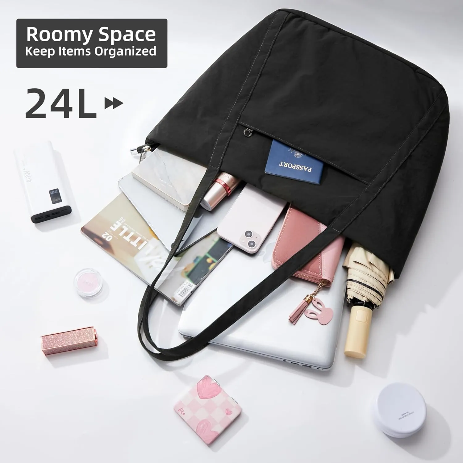 WLLWOO Large Gym Tote Bag for Women Sport Yoga, 24L Travel Beach Bag Lightweight Zipper Shoulder Handbag for Daily Work