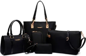Women 6Pcs Handbag Set Nylon Top Handle Bag Totes Satchels Crossbody Shoulder Bags and Purse Clutch