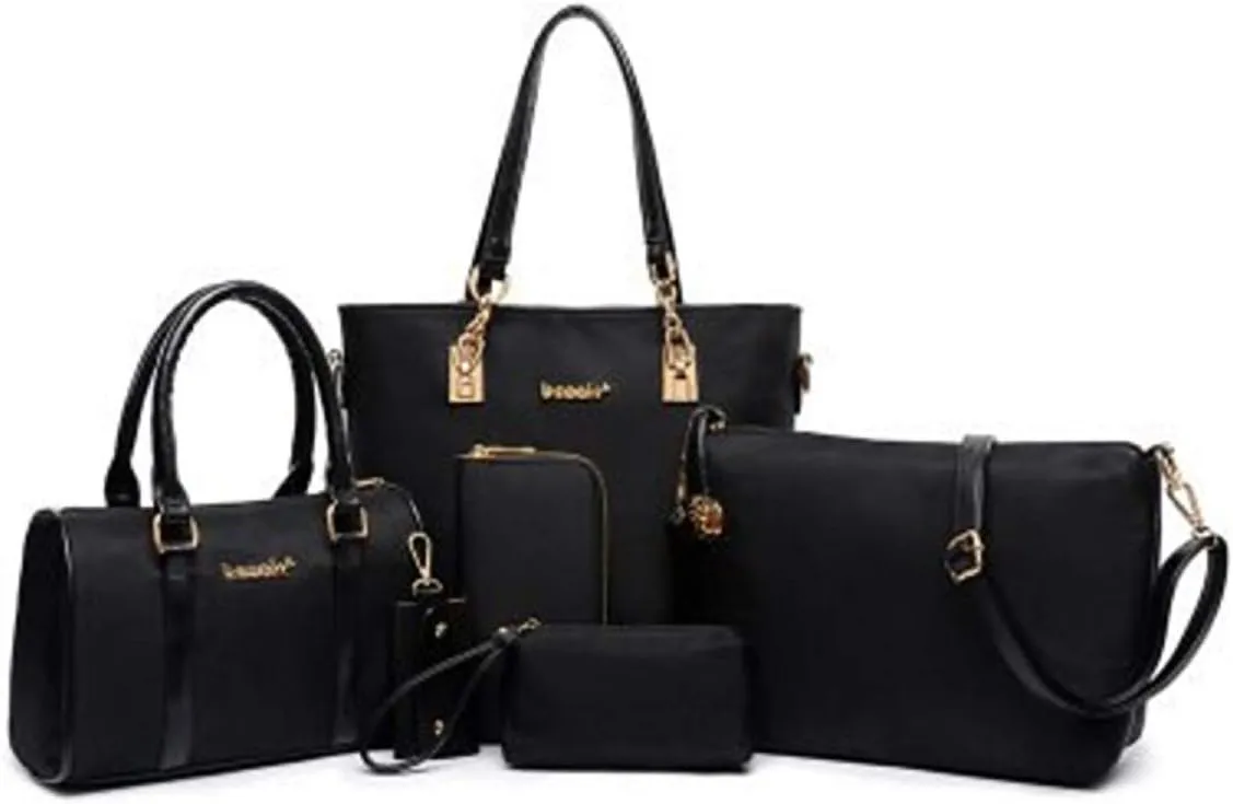 Women 6Pcs Handbag Set Nylon Top Handle Bag Totes Satchels Crossbody Shoulder Bags and Purse Clutch