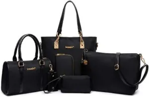 Women 6Pcs Handbag Set Nylon Top Handle Bag Totes Satchels Crossbody Shoulder Bags and Purse Clutch