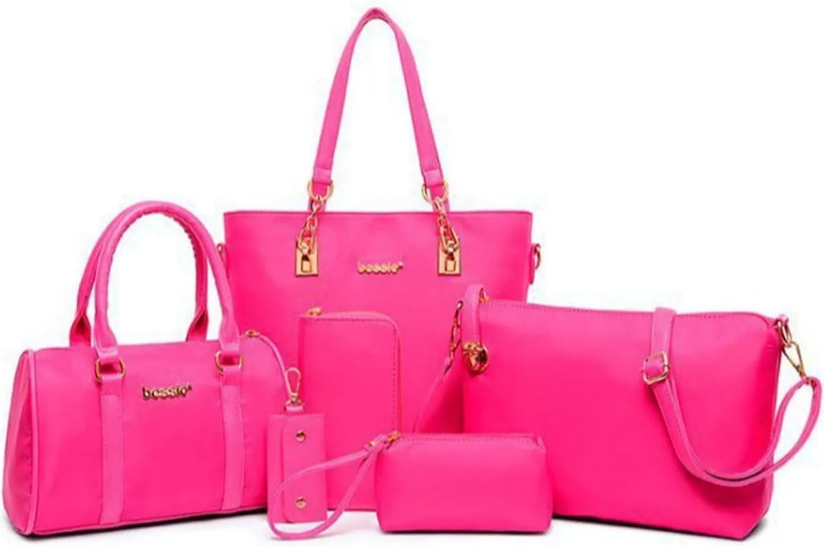 Women 6Pcs Handbag Set Nylon Top Handle Bag Totes Satchels Crossbody Shoulder Bags and Purse Clutch