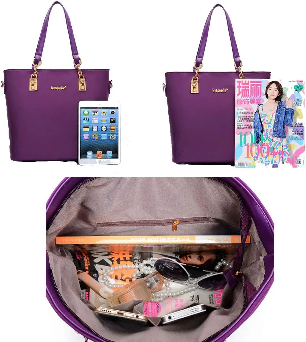 Women 6Pcs Handbag Set Nylon Top Handle Bag Totes Satchels Crossbody Shoulder Bags and Purse Clutch