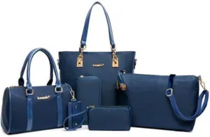 Women 6Pcs Handbag Set Nylon Top Handle Bag Totes Satchels Crossbody Shoulder Bags and Purse Clutch