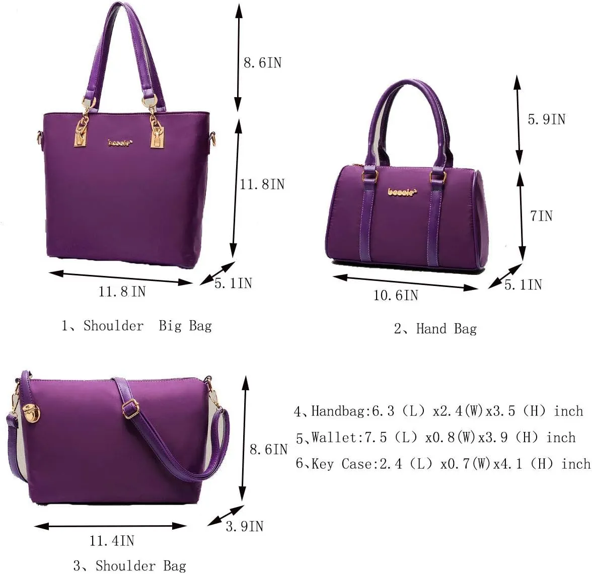 Women 6Pcs Handbag Set Nylon Top Handle Bag Totes Satchels Crossbody Shoulder Bags and Purse Clutch