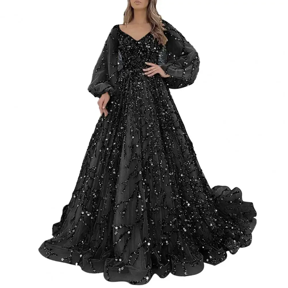 Women Evening Dress Lantern Sleeve V Neck Shiny Sequin A-line Double-layered Floor Length Mesh Cocktail Party Dress Prom Gown