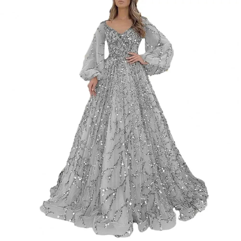 Women Evening Dress Lantern Sleeve V Neck Shiny Sequin A-line Double-layered Floor Length Mesh Cocktail Party Dress Prom Gown