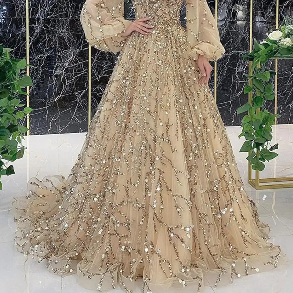 Women Evening Dress Lantern Sleeve V Neck Shiny Sequin A-line Double-layered Floor Length Mesh Cocktail Party Dress Prom Gown