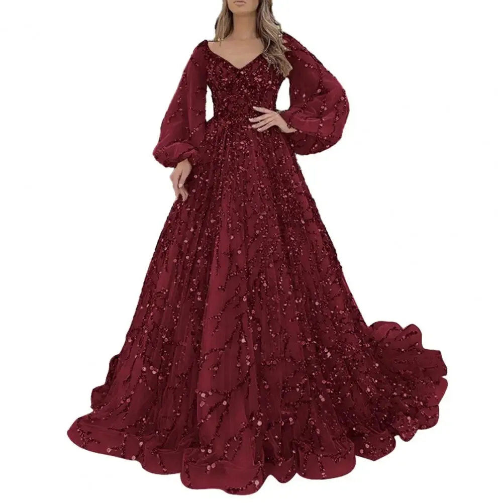 Women Evening Dress Lantern Sleeve V Neck Shiny Sequin A-line Double-layered Floor Length Mesh Cocktail Party Dress Prom Gown