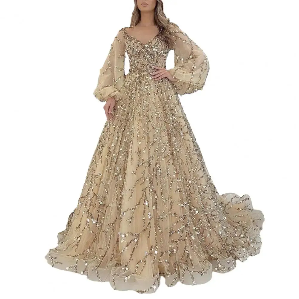 Women Evening Dress Lantern Sleeve V Neck Shiny Sequin A-line Double-layered Floor Length Mesh Cocktail Party Dress Prom Gown
