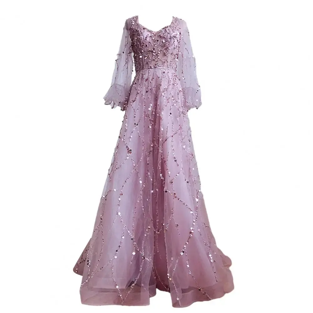 Women Evening Dress Lantern Sleeve V Neck Shiny Sequin A-line Double-layered Floor Length Mesh Cocktail Party Dress Prom Gown