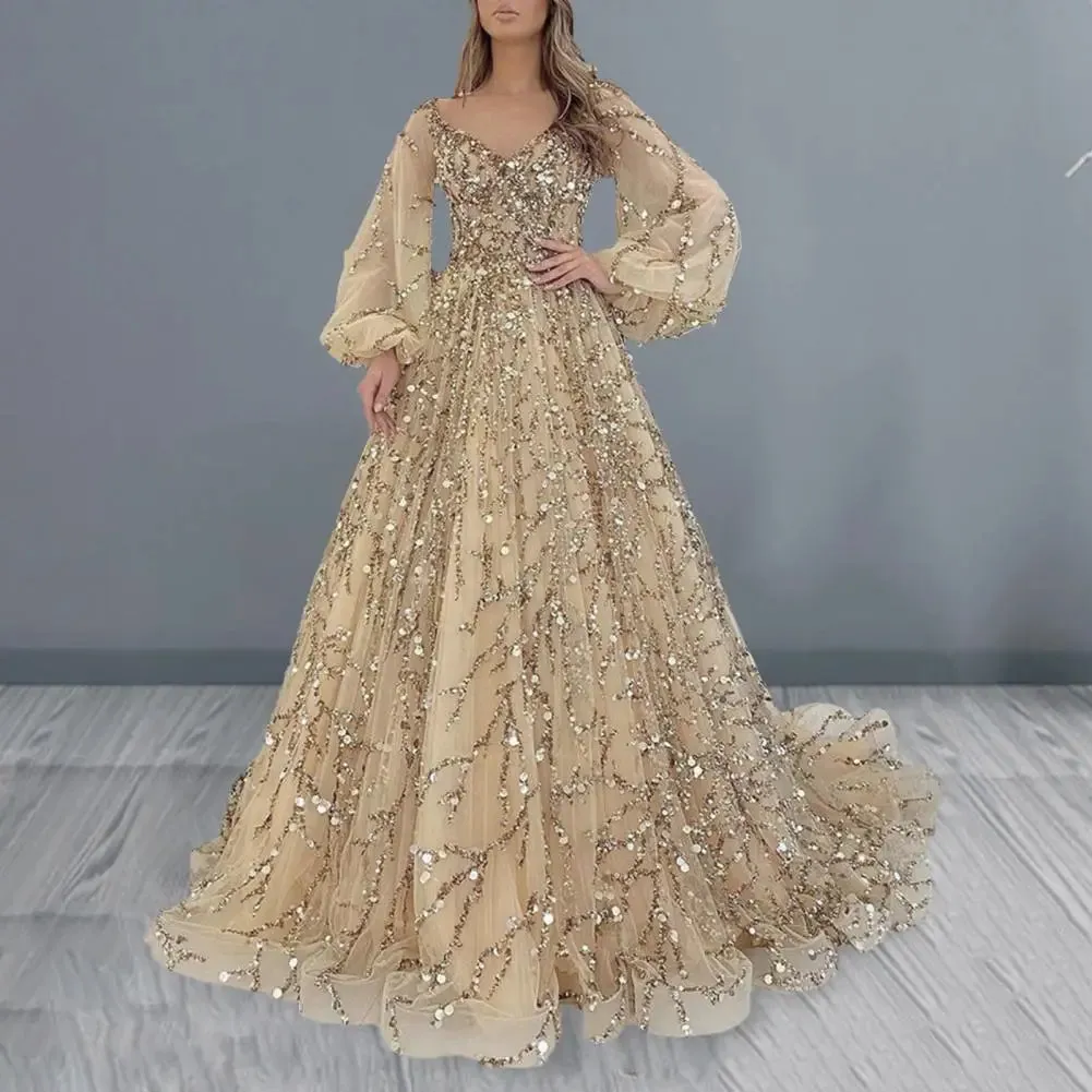 Women Evening Dress Lantern Sleeve V Neck Shiny Sequin A-line Double-layered Floor Length Mesh Cocktail Party Dress Prom Gown