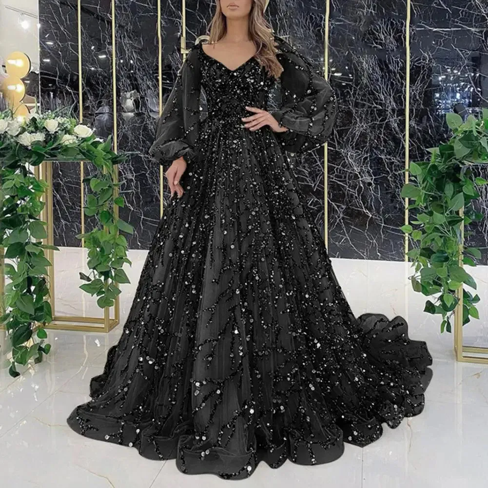 Women Evening Dress Lantern Sleeve V Neck Shiny Sequin A-line Double-layered Floor Length Mesh Cocktail Party Dress Prom Gown