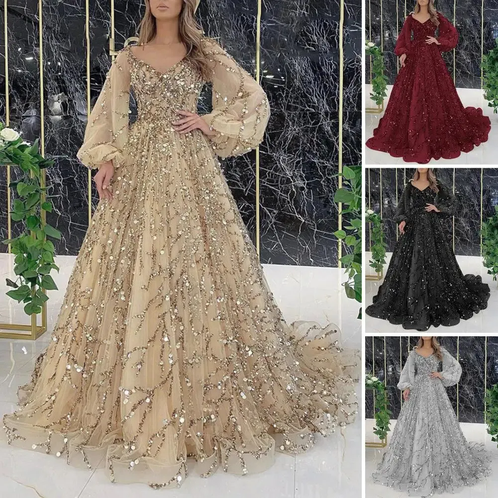 Women Evening Dress Shiny Sequin Beading Padded Floor Length Mesh Double-layered Cocktail Party Dress Formal Prom Gown