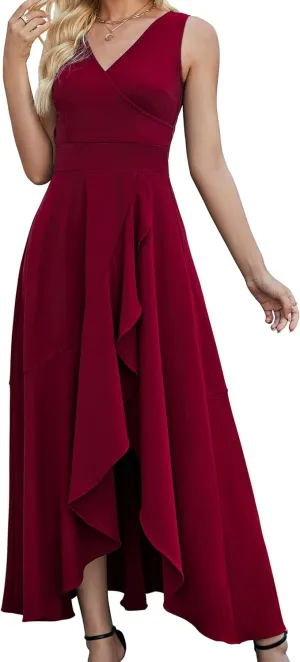 Women Formal Dresses,V Neck Evening Gowns for Women 2024 Long Wedding Guest Party Sleeveless Prom Pockets Dress