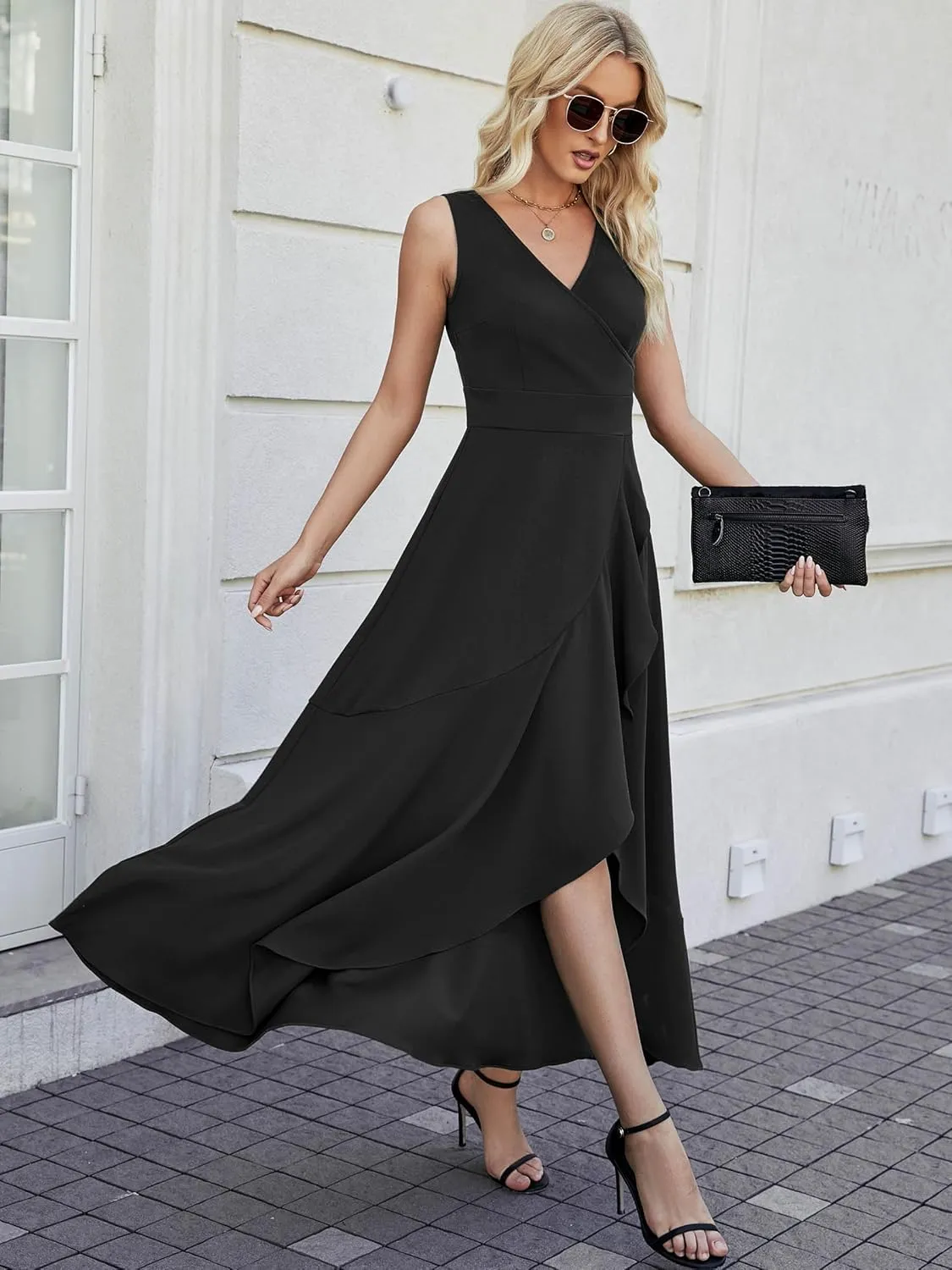 Women Formal Dresses,V Neck Evening Gowns for Women 2024 Long Wedding Guest Party Sleeveless Prom Pockets Dress