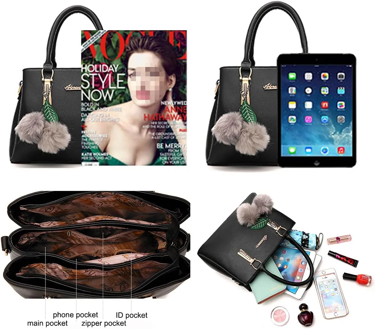 Women Satchel Bags Handle Shoulder Handbags and Purses Pockets Zipper PU Leather Crossbody Bags
