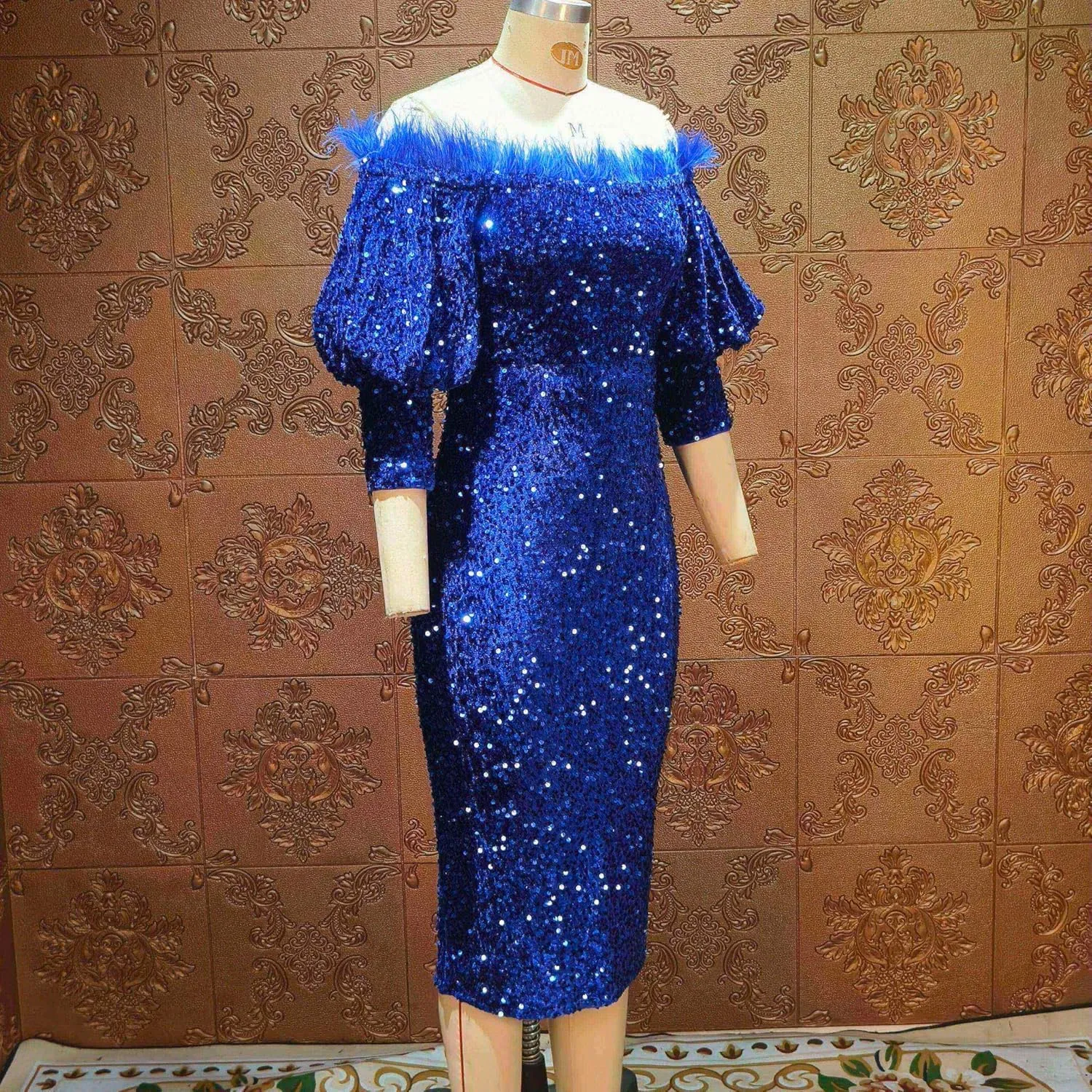 Women Sexy Off The Shoulder Puff 3/4 Sleeve Sequin Feather Bodycon Midi Dress Formal Party Evening Gown