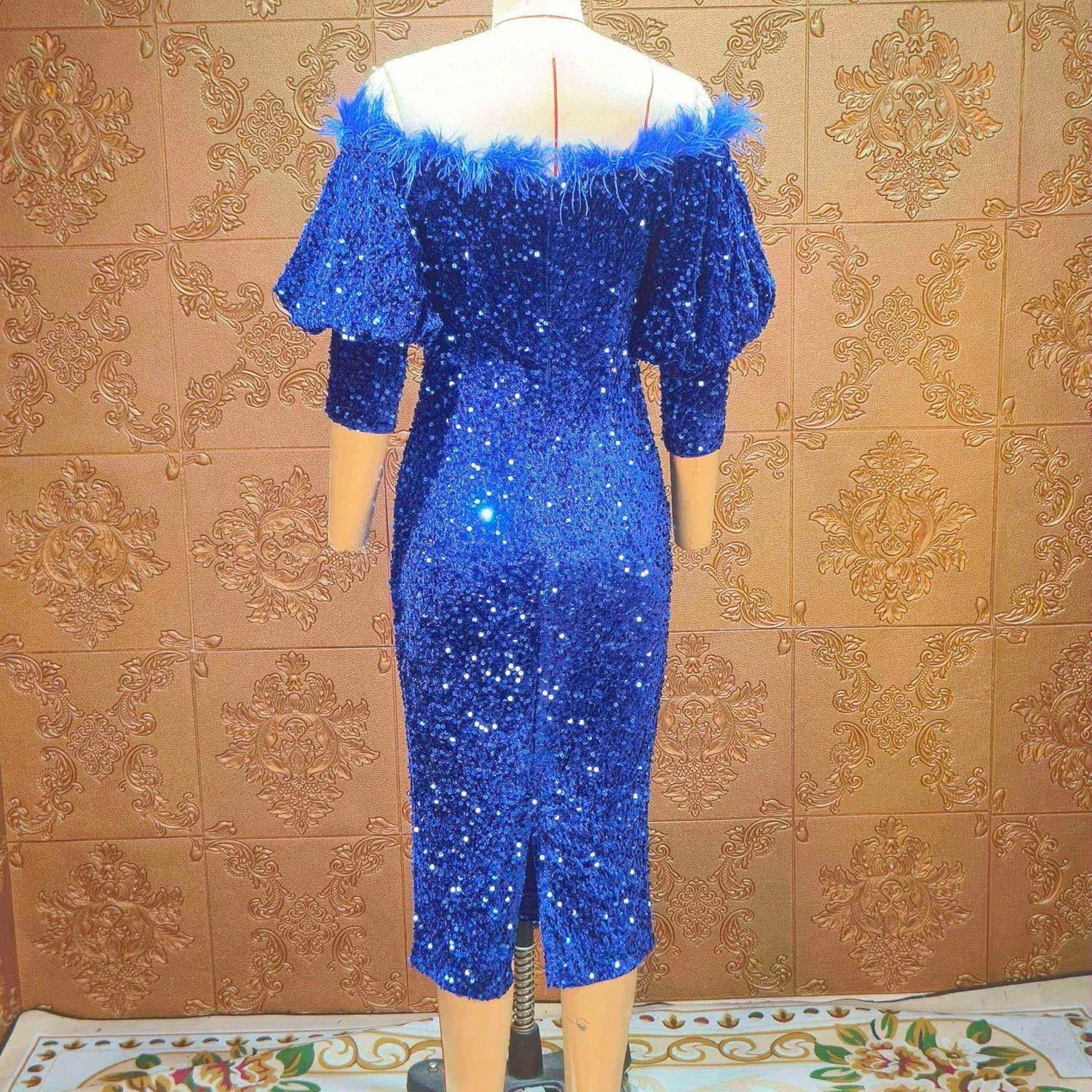 Women Sexy Off The Shoulder Puff 3/4 Sleeve Sequin Feather Bodycon Midi Dress Formal Party Evening Gown