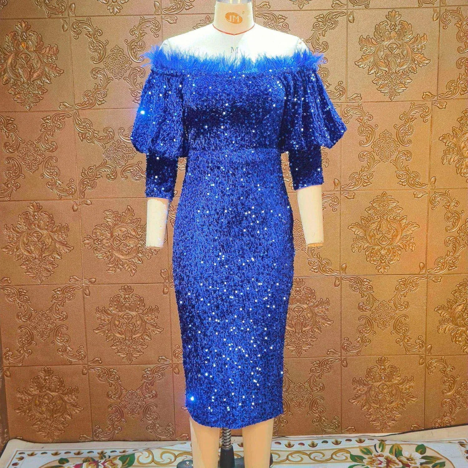 Women Sexy Off The Shoulder Puff 3/4 Sleeve Sequin Feather Bodycon Midi Dress Formal Party Evening Gown