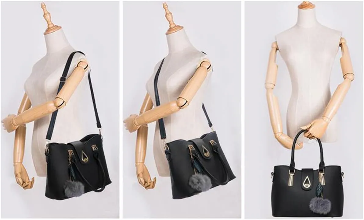 Women Soft Synthetic PU Leather Tote Satchel Crossbody Hobo 3pcs Shoulder Clutches Droplets Leaves Hairballs Handbags-Gray