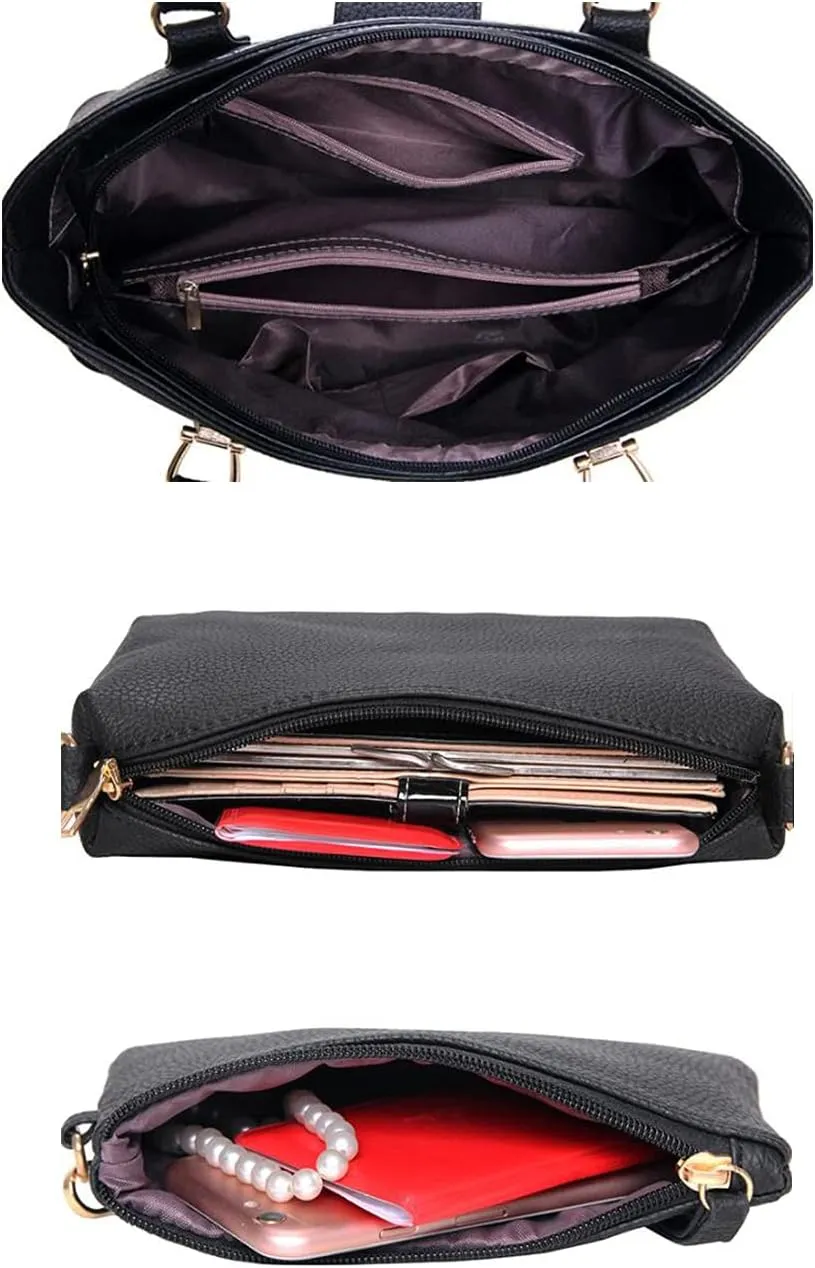 Women Soft Synthetic PU Leather Tote Satchel Crossbody Hobo 3pcs Shoulder Clutches Droplets Leaves Hairballs Handbags-Gray