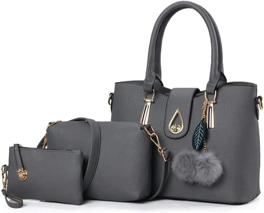 Women Soft Synthetic PU Leather Tote Satchel Crossbody Hobo 3pcs Shoulder Clutches Droplets Leaves Hairballs Handbags-Gray