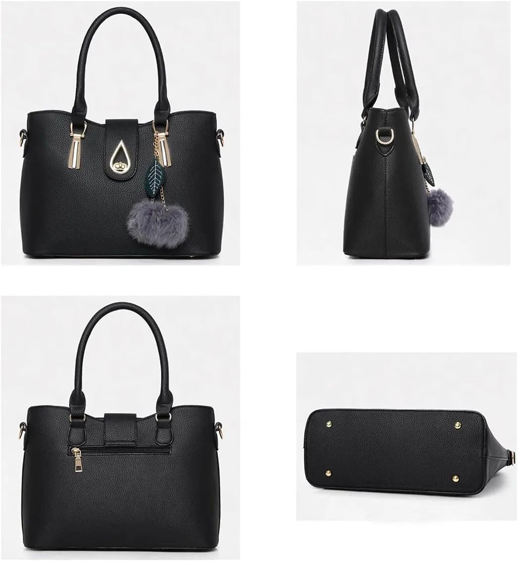 Women Soft Synthetic PU Leather Tote Satchel Crossbody Hobo 3pcs Shoulder Clutches Droplets Leaves Hairballs Handbags-Gray