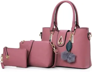 Women Soft Synthetic PU Leather Tote Satchel Crossbody Hobo 3pcs Shoulder Clutches Droplets Leaves Hairballs Handbags-Pink