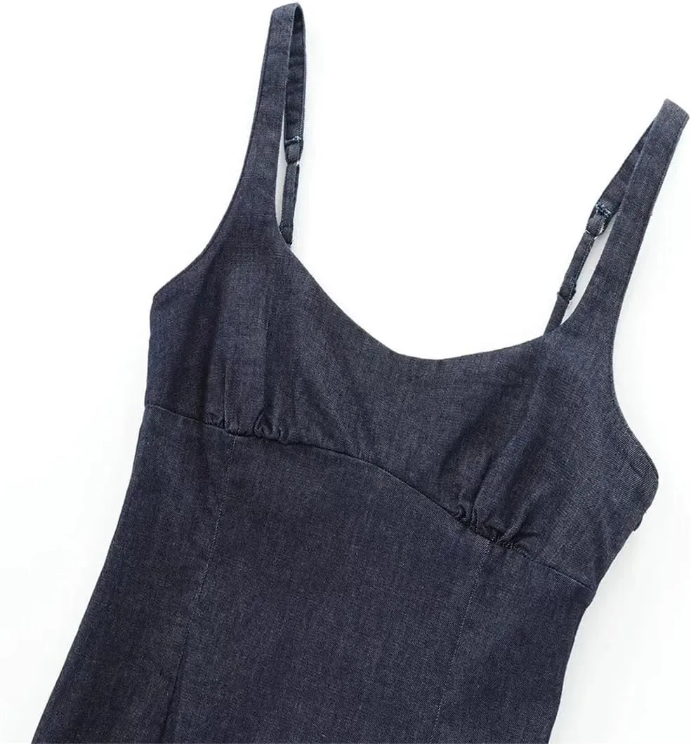 Women Sumer Sleeveless Backless Appear Slim Front Bottom Slit Long Denim Slip Dress