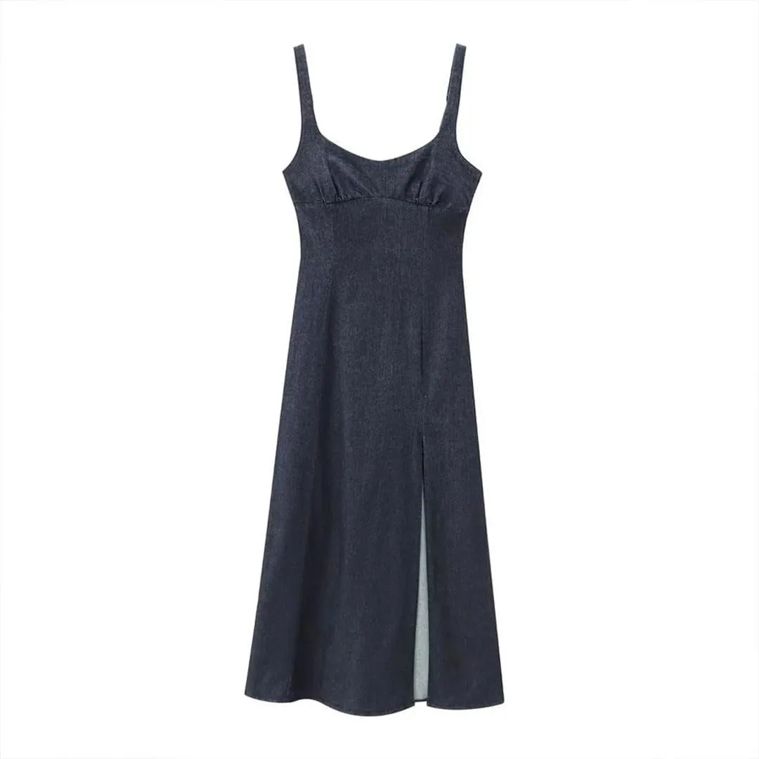 Women Sumer Sleeveless Backless Appear Slim Front Bottom Slit Long Denim Slip Dress