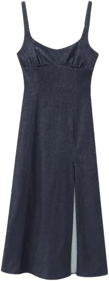 Women Sumer Sleeveless Backless Appear Slim Front Bottom Slit Long Denim Slip Dress